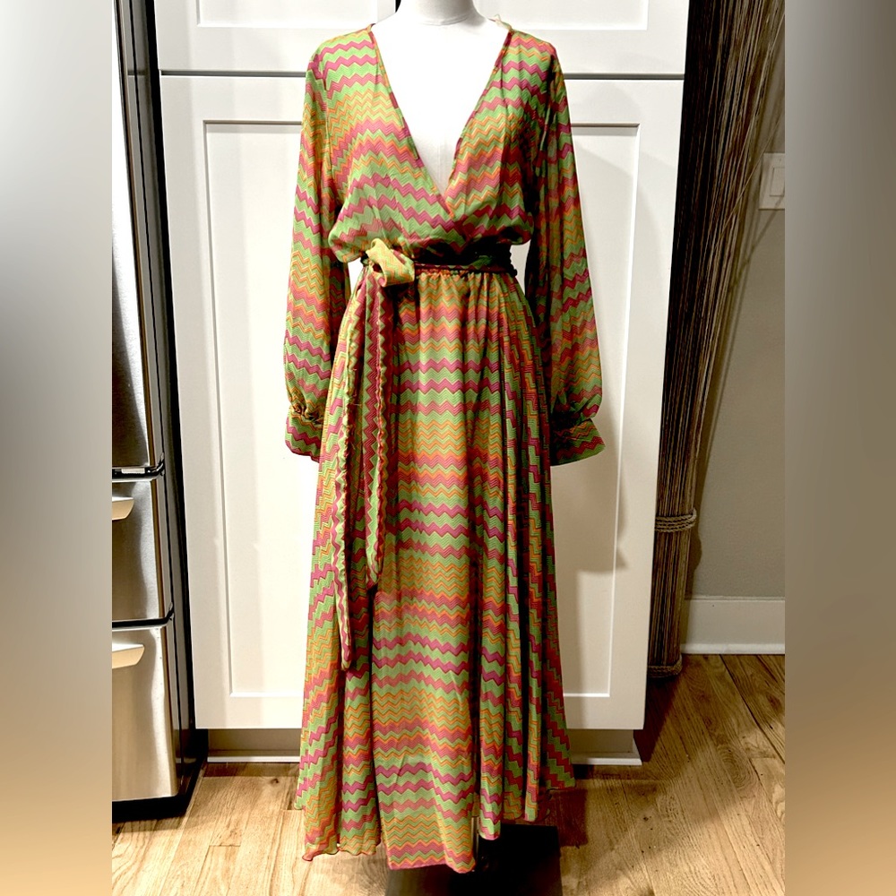 NWT Colors Of India Long Sleeve Multicolor Lined Maxi Dress, w/Elastic Waist